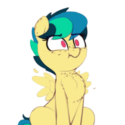 Size: 400x400 | Tagged: safe, artist:shinodage, edit, editor:squeaky-belle, oc, oc only, oc:apogee, species:pegasus, species:pony, g4, behaving like a bird, chest fluff, cute, diageetes, eye clipping through hair, female, filly, fluffy, freckles, no pupils, pomf, pose, scrunchy face, simple background, solo, transparent background