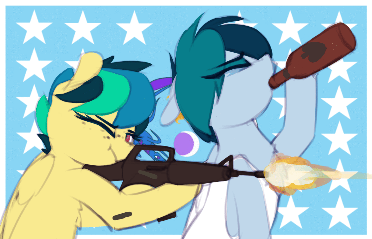 Size: 1200x772 | Tagged: safe, artist:shinodage, oc, oc only, oc:apogee, oc:delta vee, species:pegasus, species:pony, g4, abstract background, alcohol, animated, assault rifle, bottle, drinking, eastbound and down, equestrian flag, eyes closed, female, freckles, gun, m16, mare, mother and daughter, murica, one eye closed, questria, rifle, weapon
