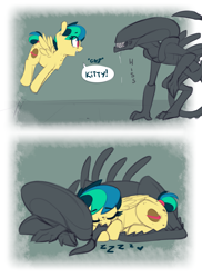 Size: 1699x2338 | Tagged: safe, artist:shinodage, oc, oc:apogee, species:pegasus, species:pony, g4, adoracreepy, alien (franchise), bait and switch, comic, creepy, crossover, cuddling, cute, diageetes, drool, everything went better than expected, excited, eyes closed, eyes on the prize, female, filly, freckles, gasp, happy, heart, hissing, hnnng, jumping, not salmon, prone, sharp teeth, sleeping, smiling, sweet dreams fuel, teeth, this did not end in pain, this will end in death, wat, weapons-grade cute, xenomorph, zzz