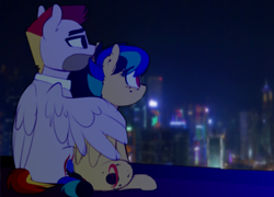 Size: 1504x1080 | Tagged: safe, artist:shinodage, oc, oc:apogee, oc:jet stream, species:pegasus, species:pony, g4, city, father and daughter, female, filly, freckles, hug, male, night, rooftop, stallion, winghug