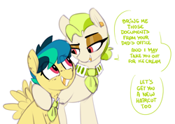 Size: 1425x1011 | Tagged: safe, artist:shinodage, oc, oc only, oc:apogee, oc:golden keylime, species:earth pony, species:pegasus, species:pony, g4, apprentice, duo, duo female, female, filly, gold tooth, looking at each other, mare, necktie, simple background, smiling, white background