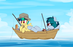 Size: 1794x1168 | Tagged: safe, artist:shinodage, oc, oc only, oc:apogee, oc:delta vee, species:pegasus, species:pony, g4, boat, boop o' roops, bucket, can, clothing, cloud, cute, diageetes, female, filly, fishing, fishing rod, floppy ears, freckles, glasses, hat, mare, mother and daughter, ocbetes, shirt, sky, smiling, tinyface, water