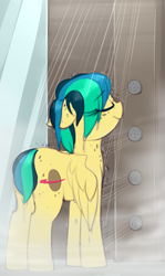 Size: 815x1372 | Tagged: safe, artist:shinodage, oc, oc only, oc:apogee, species:pegasus, species:pony, g4, eyes closed, female, filly, freckles, plot, shower, smiling, solo, wet, wet mane