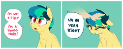 Size: 1944x781 | Tagged: safe, artist:shinodage, oc, oc only, oc:apogee, species:human, species:pegasus, species:pony, g4, 2 panel comic, :t, blue background, chest fluff, chest freckles, comic, cute, dialogue, disembodied hand, ear freckles, eyes closed, female, filly, floppy ears, freckles, frown, hand, head pat, ocbetes, open mouth, pat, petting, scrunchy face, simple background, solo focus, speech bubble