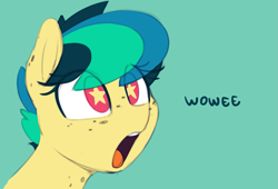 Size: 1063x721 | Tagged: safe, artist:shinodage, oc, oc only, oc:apogee, species:pegasus, species:pony, g4, amazed, bust, dialogue, female, filly, green background, open mouth, reaction image, simple background, solo, starry eyes, stars, wingding eyes, wow