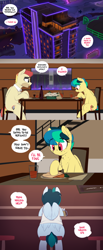 Size: 1280x3106 | Tagged: safe, artist:shinodage, oc, oc only, oc:apogee, oc:delta vee, oc:jet stream, species:pegasus, species:pony, g4, apartment complex, bottle, building, carrot, chair, city, clothing, comic, cup, delta vee's junkyard, dialogue, drink, eating, family, father and daughter, female, filly, food, freckles, male, mare, mug, necktie, open mouth, penthouse, plate, shirt, sitting, speech bubble, stallion, table, tinyface