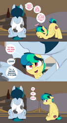 Size: 1280x2356 | Tagged: safe, artist:shinodage, oc, oc only, oc:apogee, oc:delta vee, species:pegasus, species:pony, g4, awkward, chuckle, comic, delta vee's junkyard, descriptive noise, dialogue, duo, female, filly, mare, mother and daughter, rocket engine, rocketdyne lr-79, sitting, speech bubble