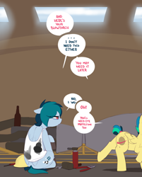 Size: 1280x1594 | Tagged: safe, artist:shinodage, oc, oc only, oc:apogee, oc:delta vee, species:pegasus, species:pony, g4, blowtorch, clothing, delta vee's junkyard, dialogue, duo, female, filly, gloves, mare, mother and daughter, rocket engine, rocketdyne lr-79, shirt, sitting, speech bubble, tools