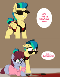 Size: 1722x2212 | Tagged: safe, artist:shinodage, oc, oc only, oc:apogee, oc:daisy cutter, species:earth pony, species:pegasus, species:pony, g4, clothing, comic, costume, dialogue, dick kickem, duke nukem, duo, female, filly, glasses, hoodie, prone, scissors, smiling, speech bubble, sunglasses, they live