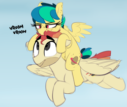 Size: 1736x1455 | Tagged: safe, artist:shinodage, oc, oc only, oc:apogee, oc:jet stream, species:pegasus, species:pony, g4, cute, dawwww, diageetes, duo, father and daughter, female, filly, flying, freckles, male, ocbetes, ponies riding ponies, stallion, vroom vroom