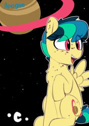 Size: 724x1024 | Tagged: safe, artist:shinodage, edit, oc, oc only, oc:apogee, species:pegasus, species:pony, g4, female, filly, freckles, sitting, space, tinyface