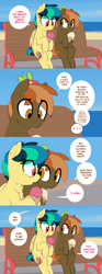 Size: 1206x3244 | Tagged: safe, artist:shinodage, character:button mash, oc, oc:apogee, species:earth pony, species:pegasus, species:pony, g4, bench, buttongee, colt, comic, dialogue, duo, female, filly, food, ice cream, male, speech bubble