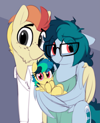 Size: 1079x1325 | Tagged: safe, artist:shinodage, oc, oc only, oc:apogee, oc:delta vee, oc:jet stream, species:pegasus, species:pony, g4, :o, :t, all downhill from here, baby, baby pony, clothing, cute, diageetes, diaveetes, eye clipping through hair, family, father and daughter, female, floppy ears, foal, freckles, glasses, gray background, hug, looking at you, male, mare, mother and daughter, ocbetes, open mouth, shinodage is trying to murder us, shirt, simple background, sitting, smiling, stallion, wholesome, wing hands, winghug, younger