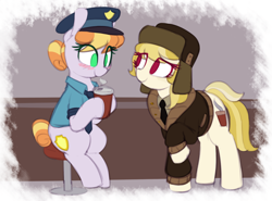 Size: 1220x905 | Tagged: safe, artist:shinodage, character:copper top, character:march gustysnows, species:earth pony, species:pony, g4, blushing, chair, clothing, coat, coffee, cup, cute, cutie mark, duo, female, hat, mare, necktie, police officer, police pony, shirt, sitting, smiling, stool, ushanka