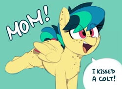 Size: 1852x1361 | Tagged: safe, artist:shinodage, oc, oc only, oc:apogee, species:pegasus, species:pony, g4, adorkable, blue background, body freckles, bucking, butt freckles, chest fluff, chest freckles, cute, diageetes, dialogue, dork, ear freckles, excited, eye clipping through hair, female, filly, freckles, happy, implied kissing, implied straight, meme origin, mom! meme, ocbetes, open mouth, proud, raised leg, simple background, smiling, solo, speech bubble, tail wrap, teenager, text
