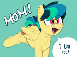 Size: 1852x1361 | Tagged: safe, artist:shinodage, edit, editor:paperbagpony, oc, oc only, oc:apogee, species:pegasus, species:pony, g4, adorkable, blue background, body freckles, bucking, butt freckles, chest fluff, chest freckles, cute, dialogue, dork, ear freckles, excited, exploitable meme, female, filly, freckles, happy, meme, mom! meme, ocbetes, open mouth, proud, raised leg, simple background, smiling, solo, speech bubble, tail wrap, teenager, text, wholesome