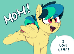 Size: 1280x941 | Tagged: safe, artist:shinodage, edit, oc, oc only, oc:apogee, species:pegasus, species:pony, g4, adorkable, anchorman, blue background, body freckles, bucking, butt freckles, chest fluff, chest freckles, cute, dialogue, dork, ear freckles, edited edit, excited, exploitable meme, female, filly, freckles, happy, i love lamp, meme, mom! meme, ocbetes, open mouth, proud, raised leg, simple background, smiling, solo, speech bubble, tail wrap, teenager, text