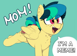 Size: 979x719 | Tagged: safe, artist:shinodage, edit, oc, oc only, oc:apogee, species:pegasus, species:pony, g4, adorkable, blue background, body freckles, bucking, butt freckles, chest fluff, chest freckles, cute, dialogue, dork, ear freckles, edited edit, excited, exploitable meme, female, filly, fourth wall, freckles, happy, meme, meta, mom! meme, ocbetes, open mouth, proud, raised leg, self-aware, simple background, smiling, solo, speech bubble, tail wrap, teenager, text