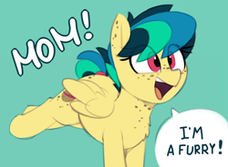 Size: 1280x941 | Tagged: safe, artist:shinodage, edit, oc, oc only, oc:apogee, species:pegasus, species:pony, g4, adorkable, blue background, body freckles, bucking, butt freckles, chest fluff, chest freckles, cute, dialogue, dork, ear freckles, excited, exploitable meme, female, filly, freckles, furry, happy, meme, mom! meme, ocbetes, open mouth, proud, raised leg, simple background, smiling, solo, speech bubble, tail wrap, teenager, text