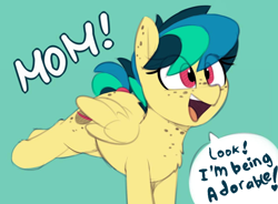 Size: 800x588 | Tagged: safe, artist:shinodage, edit, oc, oc only, oc:apogee, species:pegasus, species:pony, g4, adorkable, blue background, body freckles, bucking, butt freckles, chest fluff, chest freckles, cute, diabetes, diageetes, dialogue, dork, ear freckles, excited, exploitable meme, female, filly, freckles, happy, meme, mom! meme, ocbetes, open mouth, proud, raised leg, simple background, smiling, solo, speech bubble, tail wrap, teenager, text