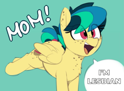 Size: 979x719 | Tagged: safe, artist:shinodage, edit, oc, oc only, oc:apogee, species:pegasus, species:pony, g4, adorkable, blue background, body freckles, bucking, butt freckles, chest fluff, chest freckles, cute, dialogue, dork, ear freckles, excited, exploitable meme, female, filly, freckles, happy, lesbian, meme, mom! meme, ocbetes, open mouth, proud, raised leg, shitposting, simple background, smiling, solo, speech bubble, tail wrap, teenager, text