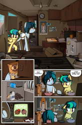 Size: 1080x1649 | Tagged: safe, artist:alittleofsomething, artist:shinodage, oc, oc only, oc:apogee, oc:delta vee, species:pony, comic:delta vee's junkyard, g4, boop o' roops, bottle, box, cabinet, cereal, clock, clothing, comic, cup, delta vee's junkyard, dialogue, door, female, filly, floppy ears, food, freckles, loss (meme), mare, milk, mother and daughter, photo, pizza, poster, potato pony, speech bubble, tank top, television, tinyface