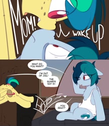 Size: 1029x1185 | Tagged: safe, artist:shinodage, oc, oc:apogee, oc:delta vee, species:pegasus, species:pony, g4, 2 panel comic, boop, comic, cute, dialogue, duo, eye clipping through hair, female, filly, floppy ears, heart, hopping, mare, mother and daughter, noseboop, on back, onomatopoeia, sleepy, speech bubble, waking up