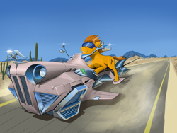 Size: 2048x1536 | Tagged: safe, artist:yakovlev-vad, oc, oc only, species:earth pony, species:pony, g4, cactus, desert, dieselpunk, goggles, hoverbike, riding, road, sky