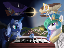 Size: 2048x1536 | Tagged: safe, artist:yakovlev-vad, character:princess celestia, character:princess luna, species:alicorn, species:pony, g4, airship, chess, contrast, eclipse, fight, s1 luna