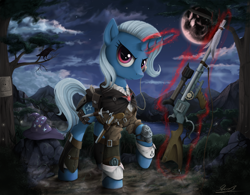 Size: 2240x1750 | Tagged: safe, artist:yakovlev-vad, character:trixie, species:pony, species:unicorn, g4, alicorn amulet, assassin, assassin's creed, clothing, cutie mark, female, glowing horn, gun, hat, hooves, horn, knife, levitation, magic, mare, monocle, moon, night, optical sight, rifle, sniper, sniper rifle, solo, telekinesis, wanted poster, weapon