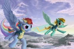 Size: 2100x1400 | Tagged: safe, artist:yakovlev-vad, character:lightning dust, character:rainbow dash, species:pegasus, species:pony, g4, duo, female, flying, mare, rainbow trail, speed trail, wonderbolt trainee uniform