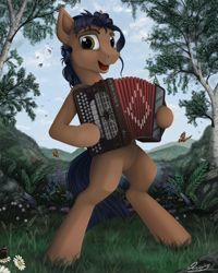 Size: 1600x2000 | Tagged: safe, artist:yakovlev-vad, oc, oc only, oc:arny nilson, species:pony, g4, accordion, bipedal, musical instrument, open mouth, russia, russian, solo