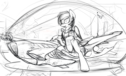 Size: 1250x750 | Tagged: safe, artist:yakovlev-vad, character:rainbow dash, species:pegasus, species:pony, g4, flag, grayscale, hoverbike, monochrome, sketch, solo