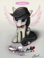 Size: 1200x1600 | Tagged: safe, artist:yakovlev-vad, character:octavia melody, species:earth pony, species:pony, g4, angel, behaving like a dog, bow tie, broken, cute, female, flower, halo, innocent, looking at you, looking up, mare, signature, solo, tavibetes, vase, wings, yakovlev-vad is trying to murder us