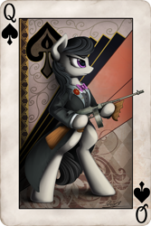 Size: 1100x1650 | Tagged: safe, artist:yakovlev-vad, character:octavia melody, species:earth pony, species:pony, g4, bipedal, card, clothing, gun, mafia, mafia octavia, playing card, solo, standing, suit, tommy gun