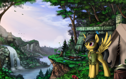Size: 2000x1250 | Tagged: safe, artist:yakovlev-vad, character:daring do, species:pegasus, species:pony, g4, butterfly, campfire, clothing, cloud, female, flower, grass, mare, river, ruins, scenery, scenery porn, sky, solo, sunrise, tent, tree, waterfall