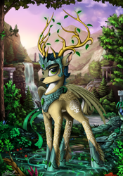 Size: 1750x2500 | Tagged: safe, artist:yakovlev-vad, oc, oc only, oc:prince vernalis, species:bird, species:deer, species:peryton, species:pony, g4, branches for antlers, chest fluff, crown, detailed, eikerren, flower, hoof shoes, hybrid, leaf, leg fluff, mountain, necklace, original species, ruins, scenery, solo, waterfall, wings