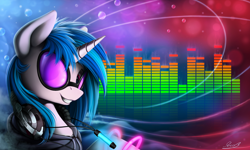 Size: 2100x1260 | Tagged: safe, artist:yakovlev-vad, character:dj pon-3, character:vinyl scratch, species:pony, species:unicorn, g4, bust, female, glowstick, headphones, horn, mare, portrait, smiling, solo, sunglasses, teeth, wallpaper