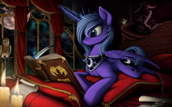 Size: 2500x1563 | Tagged: safe, artist:yakovlev-vad, character:princess luna, species:alicorn, species:owl, species:pony, g4, art, bed, book, candle, female, fire, firefly, journal of the two sisters, magic, mare, moon, pillow, prone, quill, s1 luna, smiling, solo, telekinesis, window, writing