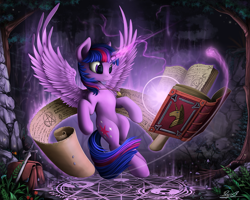 Size: 2000x1600 | Tagged: safe, artist:yakovlev-vad, character:twilight sparkle, character:twilight sparkle (alicorn), species:alicorn, species:pony, g4, art, bag, book, female, flower, flying, gem, human shoulders, magic, magic circle, mare, necklace, pentagram, reading, scroll, smiling, solo, spread wings, sword, tree, weapon, wings