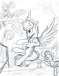 Size: 1080x1380 | Tagged: safe, artist:yakovlev-vad, character:spitfire, species:pegasus, species:pony, g4, flying, monochrome, sketch, spread wings, volleyball, wings