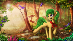 Size: 2507x1410 | Tagged: safe, artist:yakovlev-vad, oc, oc only, oc:duchess, species:bird, species:pony, g4, art, awww, butterfly, clothing, commission, cute, cutie mark, cyrillic, detailed, digital art, female, flower, forest, green mane, happy, mare, ocbetes, puddle, rain, russian, scarf, scenery, scenery porn, sign, smiling, solo, tree
