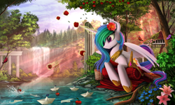 Size: 2250x1350 | Tagged: safe, artist:yakovlev-vad, character:princess celestia, species:alicorn, species:pony, g4, apple, book, butterfly, crepuscular rays, detailed, female, flag, flower, flower in hair, forest, implied princess luna, jewelry, levitation, magic, mare, necklace, paper boat, prone, river, scenery, scenery porn, solo, water, waterfall