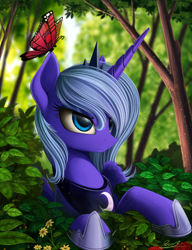 Size: 1000x1300 | Tagged: safe, artist:yakovlev-vad, character:princess luna, species:alicorn, species:pony, g4, butterfly, female, forest, mare, s1 luna, scenery, solo
