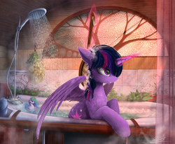 Size: 2000x1650 | Tagged: safe, artist:yakovlev-vad, character:princess celestia, character:twilight sparkle, character:twilight sparkle (alicorn), species:alicorn, species:pony, g4, bath, bathtub, bedroom eyes, brush, brushing, chest fluff, detailed, duck pony, ear fluff, female, fluffy, grin, hair over one eye, magic, mare, shower, smiling, solo, spread wings, swanlestia, telekinesis, water, wet, wet mane, wings