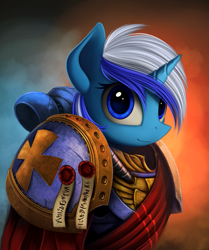 Size: 891x1067 | Tagged: safe, artist:yakovlev-vad, character:minuette, species:pony, species:unicorn, g4, crossover, looking at you, power armor, purity seal, solo, space marine, warhammer (game), warhammer 40k