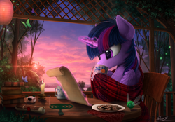Size: 2500x1740 | Tagged: safe, artist:yakovlev-vad, character:twilight sparkle, character:twilight sparkle (alicorn), species:alicorn, species:pony, g4, art, blanket, book, butterfly, candle, chest fluff, coffee mug, comfy, cookie, female, firefly, fluffy, food, glowing horn, hoof hold, horn, incense, inkwell, lake, lantern, levitation, magic, magic aura, mare, mosquito, mountain, mug, parasprite, reading, russian, scenery, scenery porn, scroll, signature, sky, solo, table, tea, telekinesis, tree, water