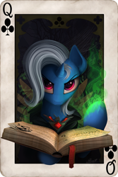 Size: 1100x1650 | Tagged: safe, artist:yakovlev-vad, character:trixie, species:pony, species:unicorn, g4, alicorn amulet, book, card, female, magic, mare, playing card, poker, poker card, solo