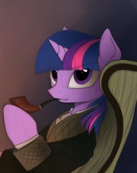 Size: 795x1004 | Tagged: safe, artist:yakovlev-vad, character:twilight sparkle, species:pony, g4, chair, clothing, lounging, pipe, robe, sherlock holmes, solo, tabun art-battle