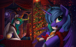Size: 2516x1554 | Tagged: safe, artist:yakovlev-vad, character:derpy hooves, character:princess celestia, character:princess luna, species:pegasus, species:pony, g4, bed, bells, blushing, christmas, christmas tree, cute, female, holiday, levitation, looking at you, magic, mare, new year, open mouth, plushie, present, s1 luna, telekinesis, tree
